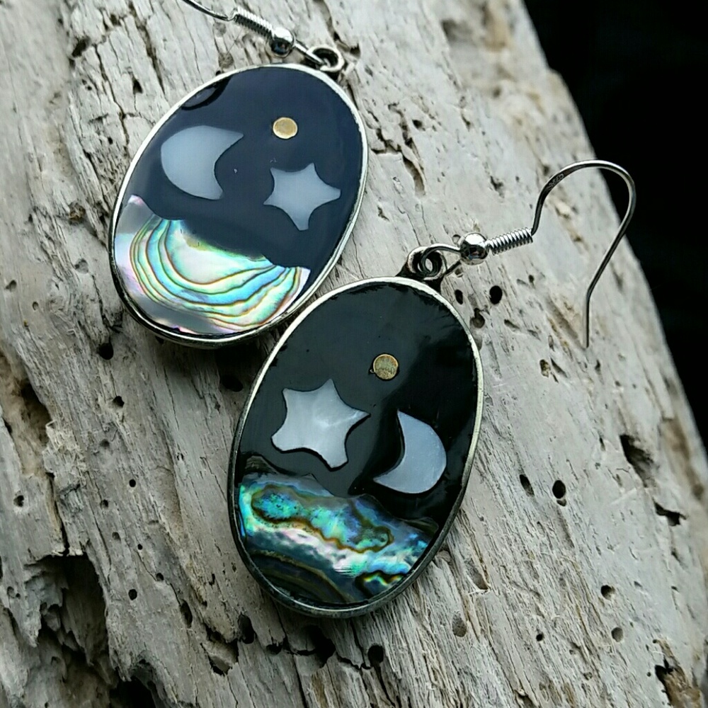 Vintage Alpaca Moon Stars Mop Abalone Signed Earrings with 925 wires